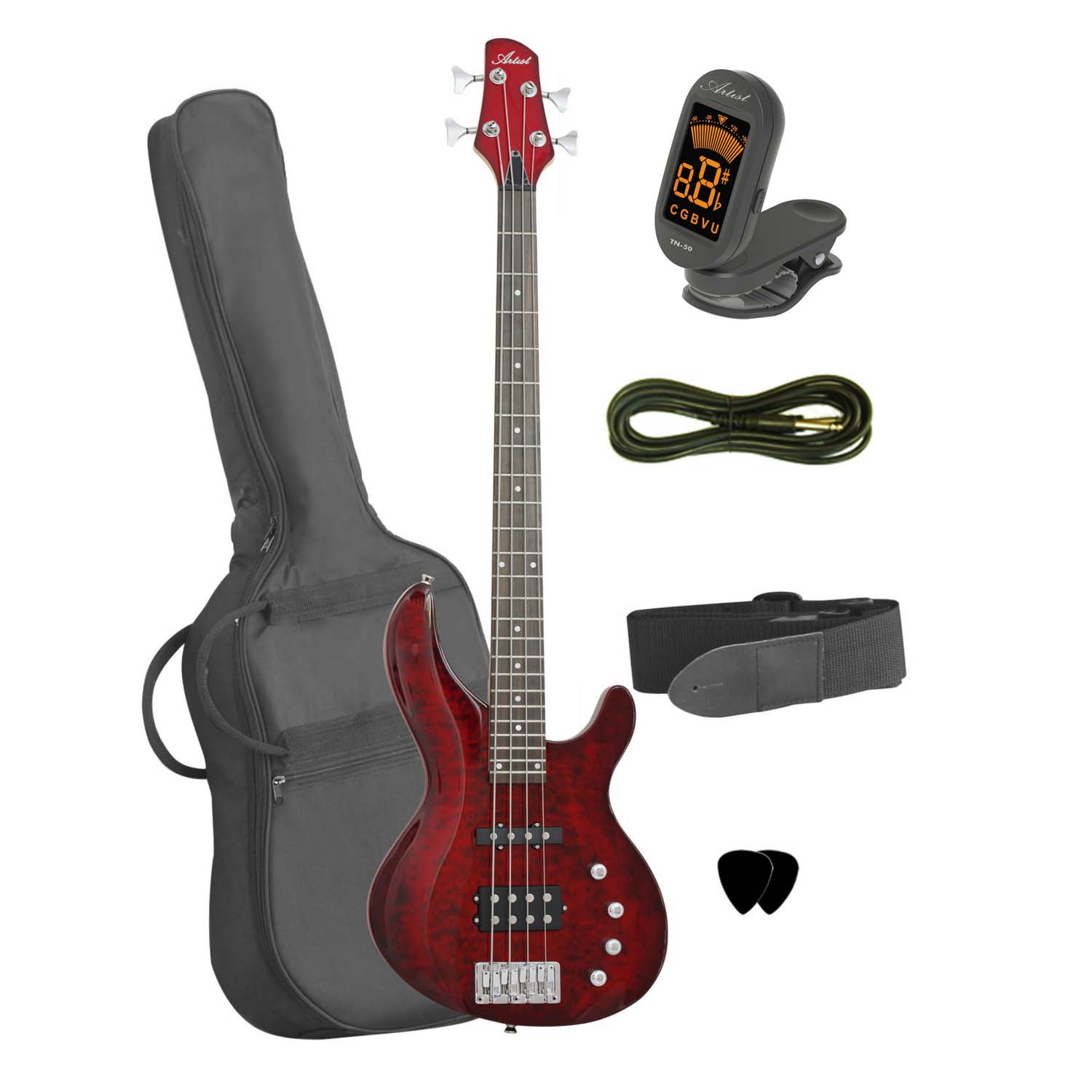 Artist AG205QMRDS Bass Guitar + Accessories Red Quilted Maple