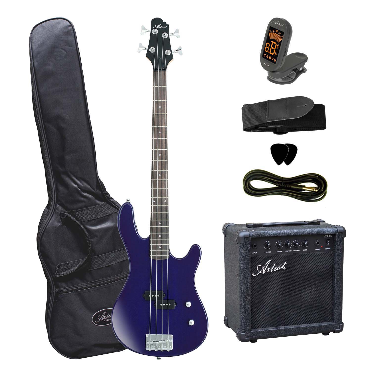 Artist PB1PKBLU Electric Bass Guitar Plus Amp Light Blue