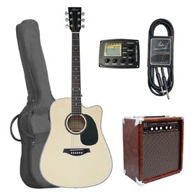 LSPCEQNTPK Acoustic Electric Cutaway Guitar Pack with Guitar Amplifier & Guitar Lead - Natural