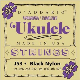 J53 D'Addario Ukulele Strings, Hawaiian-Concert, Black Nylon