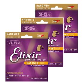 ELX16002 3 Pack Elixir Anti-Rust Phosphor Bronze Nanoweb Coated Acoustic Guitar Strings, 10-47,  3 Sets