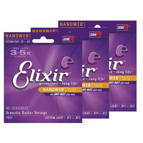 ELX11027 Elixir Anti-Rust 80/20 Nanoweb Coated Acoustic Guitar Strings, 11-52, 3 Sets