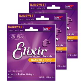 ELX11052 3 Sets - Elixir Anti-Rust 80/20 Nanoweb Coated Acoustic Guitar Strings, 12-53