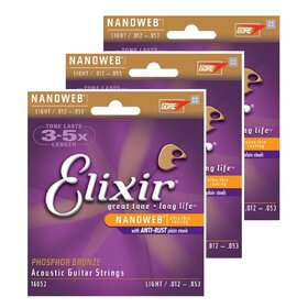 ELX16052 3 Sets - Elixir Anti-Rust Phosphor Bronze Nanoweb Coated Acoustic Guitar Strings, 12-53