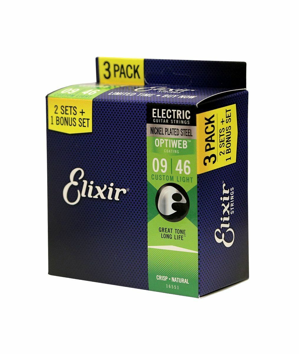 Elixir 16551 9-46 Custom Light Optiweb Electric Guitar Strings - 3 Pack
