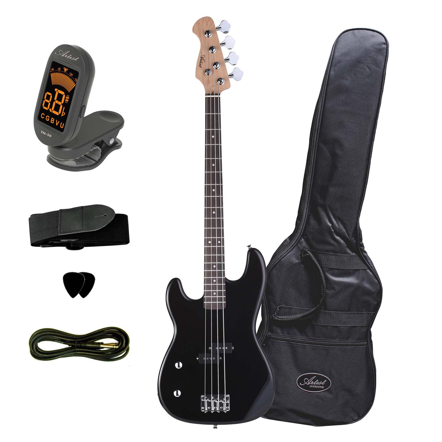 Artist PB34L Black 3/4 Size Left Handed Bass Guitar + Accessories
