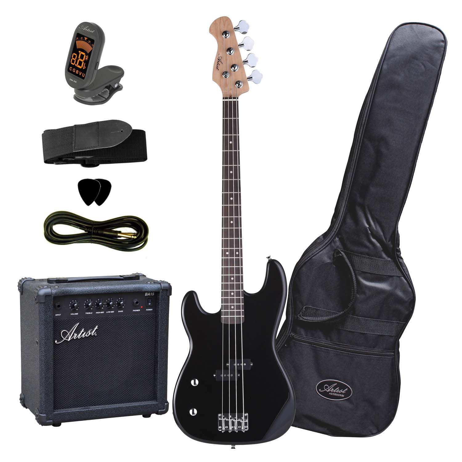 Artist PB2L Left Hand Black Electric Bass Guitar with Accessories + Amp