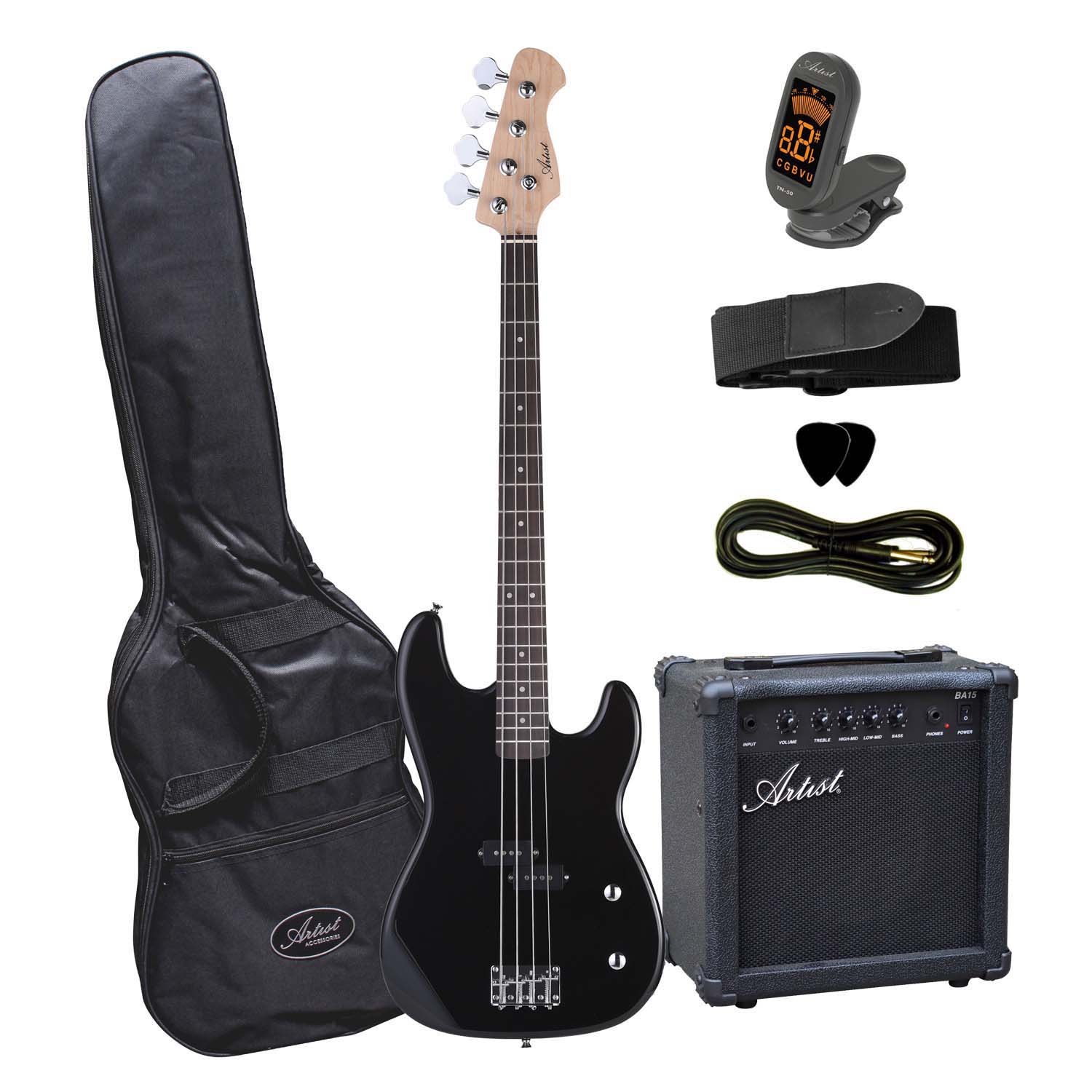 Artist PB34 3/4 Black Electric Bass Guitar + Accessories + Amplifier