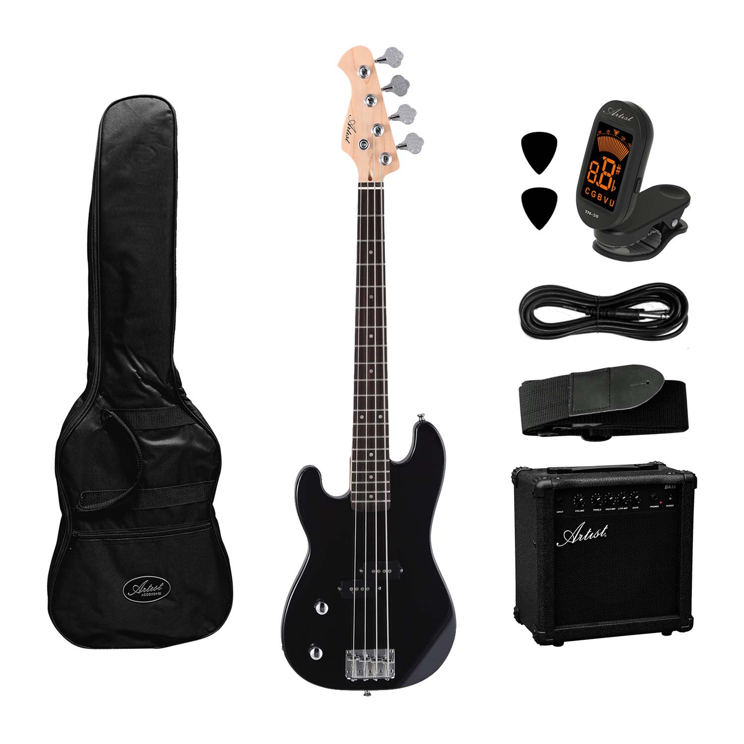 Artist PB34L Black 3/4 Left Handed Bass Guitar +Amp and Accessories