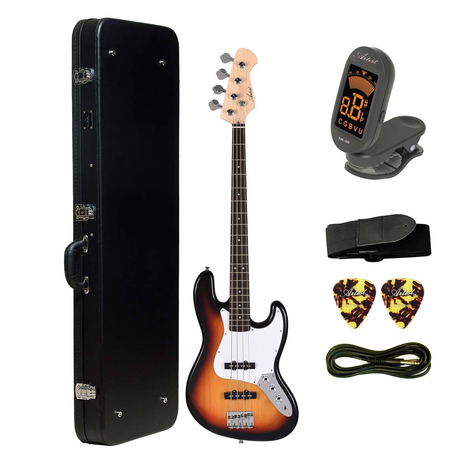 Artist JB2 Sunburst Electric Bass Guitar Plus Accessories + Black Case