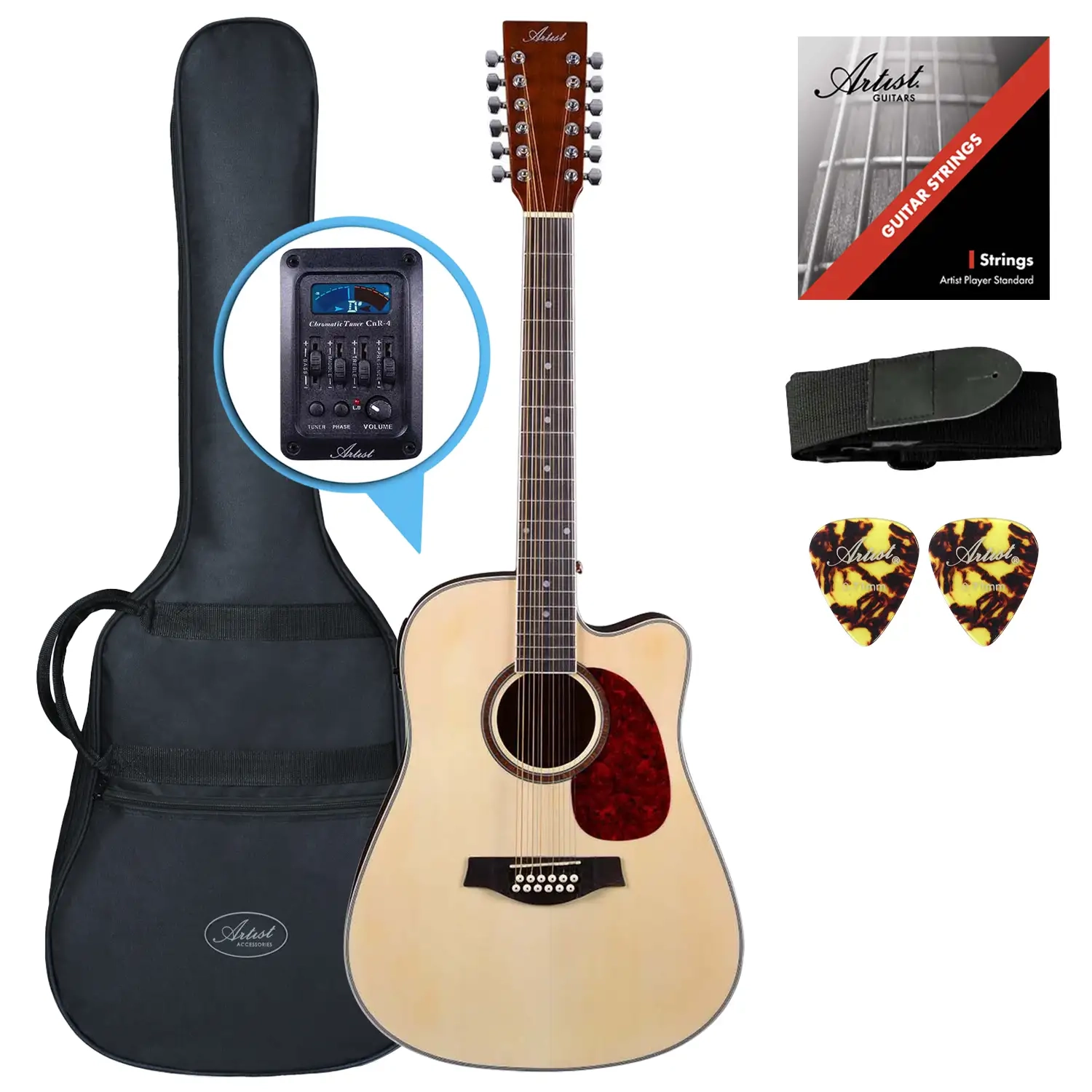 Artist LSP12CEQNT Beginner 12 String Acoustic Guitar Pack w ...