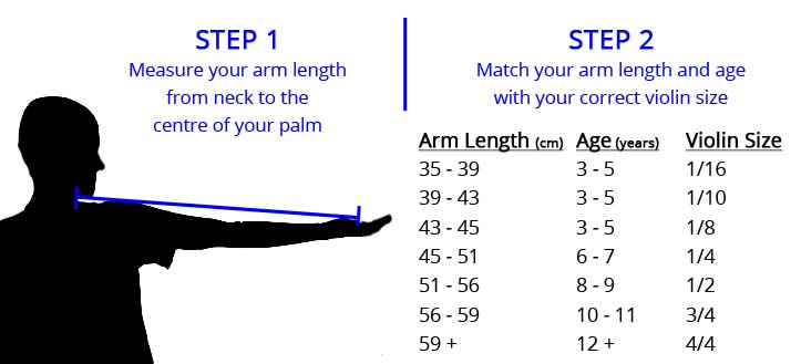 violin guide chart sizing package student measurement brand artist