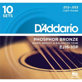 D'Addario EJ16 Phosphor Bronze Acoustic Guitar 12-53, 10 Sets 