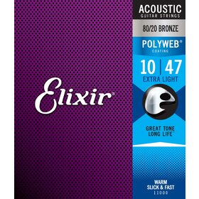 Elixir 11000 10-47 80/20 Polyweb Extra Light Acoustic Guitar Strings
