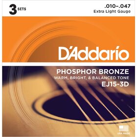 D'Addario EJ15 3 Sets Phosphor Bronze Acoustic Guitar Strings 10-47
