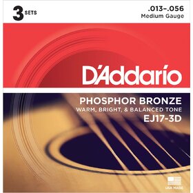 D'Addario EJ17 Acoustic Guitar Strings Med 13-56, 3 Sets 