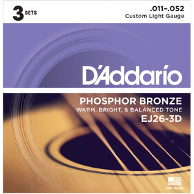 D'Addario EJ26 11-52 Phosphor Bronze Acoustic Guitar Strings 3 Pack