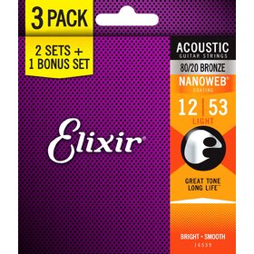 Elixir 16539 12-53 80/20 Nanoweb Acoustic Guitar Strings 3 Pack