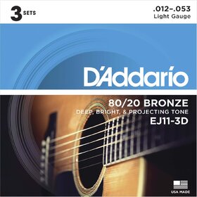 D'Addario EJ11 3 Sets 80/20 Bronze Acoustic Guitar Strings Light 12-53
