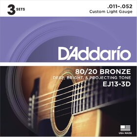 D'Addario EJ13 11-52 80/20 Bronze Acoustic Guitar Strings 3 Pack
