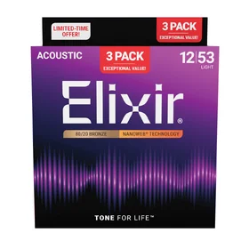 Elixir 16565 Nanoweb 80/20 12-53 Acoustic Guitar Strings 3 Pack