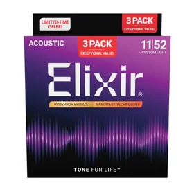 Elixir 16568 Nanoweb Phosphor Bronze 11-52 Acoustic Guitar Strings 3 Pack