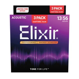 Elixir 16570 Nanoweb 13-56 Phosphor Bronze Acoustic Guitar Strings 3 Pack