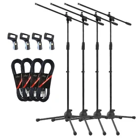 Artist MS081 Adjustable Boom Mic Stand w/ Mic Clips & Cables - 4 Pack