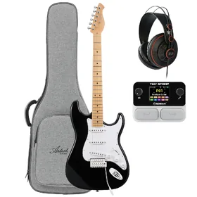 Artist AS10V2 Black Electric Guitar w/ Padded Bag, Soran Tiny Stomp & Headphones